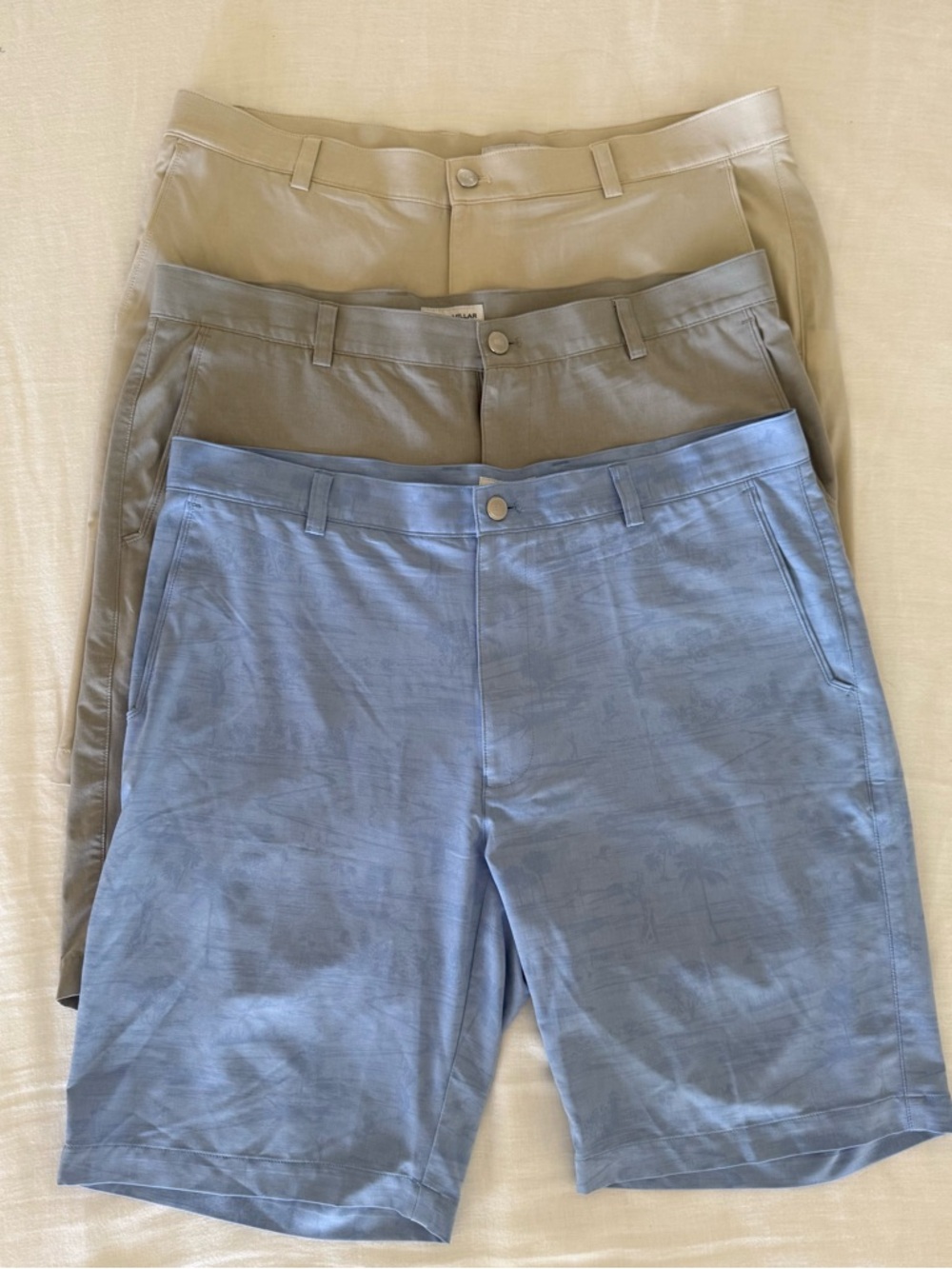 Set of 3 Peter Millar Shackleford Performance Shorts, Tan, Blue, Gray, 36